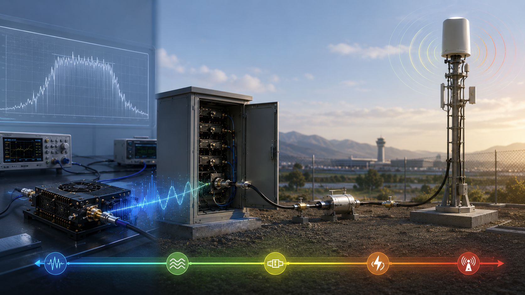 C-UAS RF chain showing nominal frequency range versus effective usable band after feeder, antenna, heat, and load conditions.
