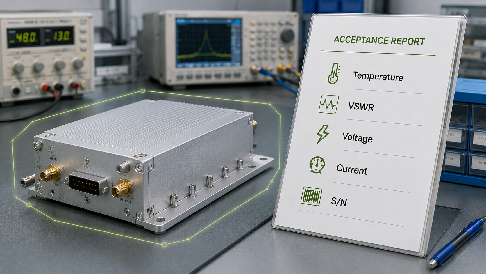RF power amplifier with acceptance report showing temperature, VSWR, voltage, current, and S/N alarm threshold records.