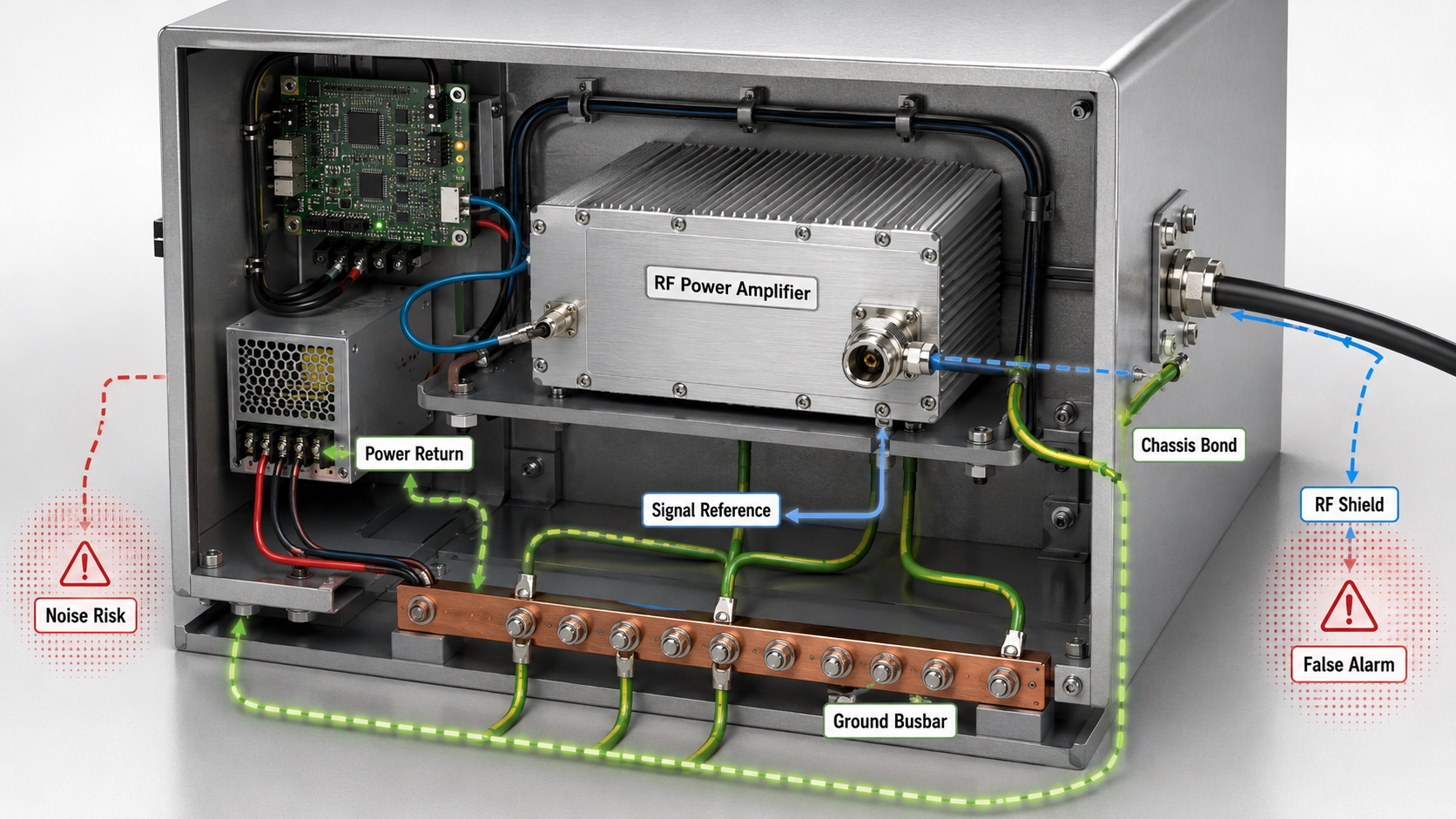 RF Power Amplifier grounding system showing power return, signal reference, chassis bond, RF shield, and ground busbar paths inside an RF cabinet.
