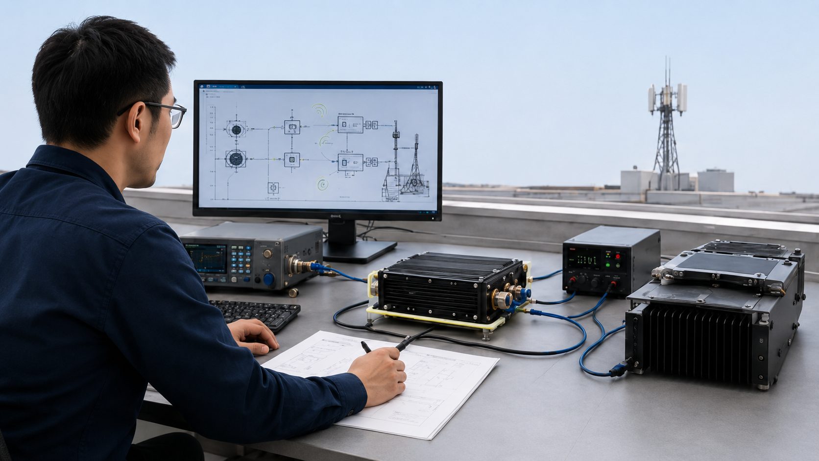 Drone jammer module used as an RF core component in a controlled C-UAS RF chain with signal source, RF PA module, antenna path, and test evidence