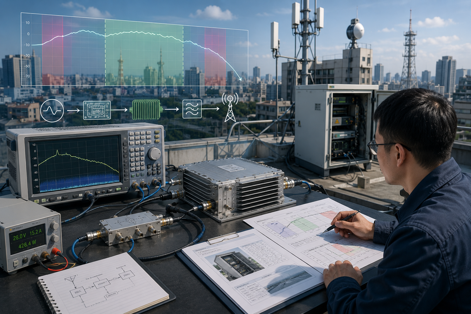 RF engineer verifying custom RF PA frequency bands for an urban rooftop C-UAS deployment with test equipment and antenna systems.
