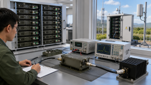 RF Power Amplifier modules undergoing post-burn-in RF output verification before shipment.