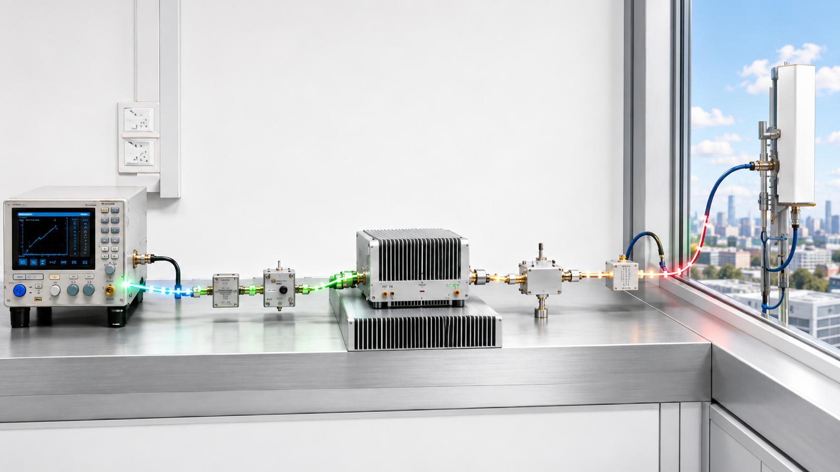 Wideband RF power amplifier test chain from signal source to installed antenna showing the project-critical frequency with the lowest output margin