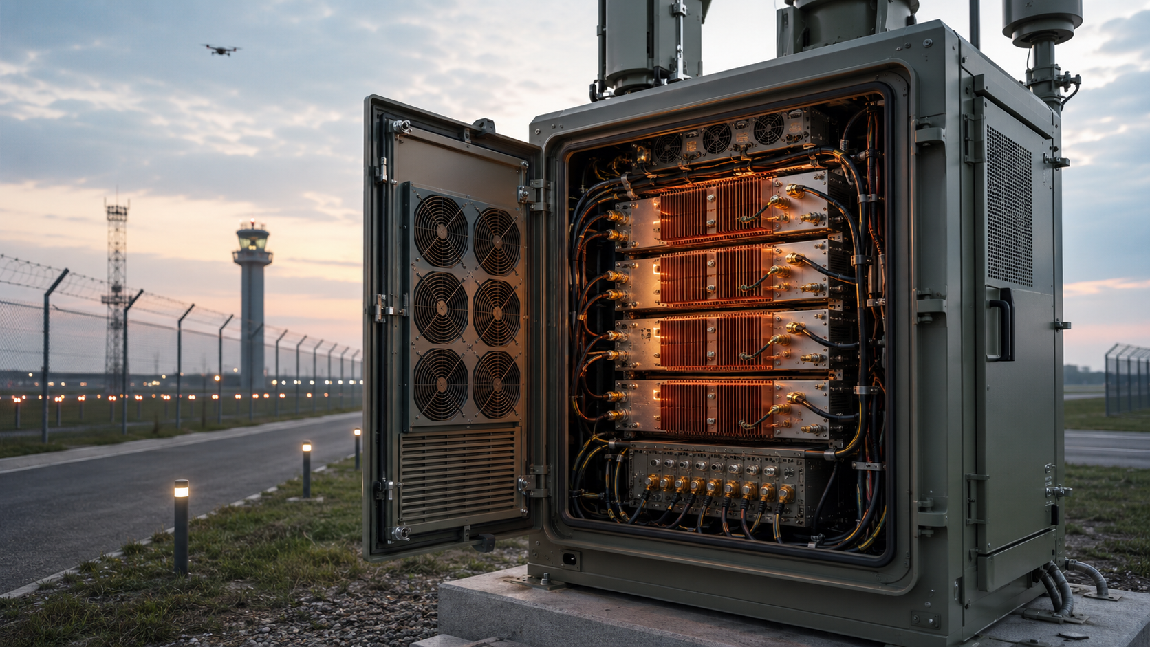 RF PA Efficiency turns into heat inside an airport perimeter C-UAS cabinet with multiple RF power amplifier modules.