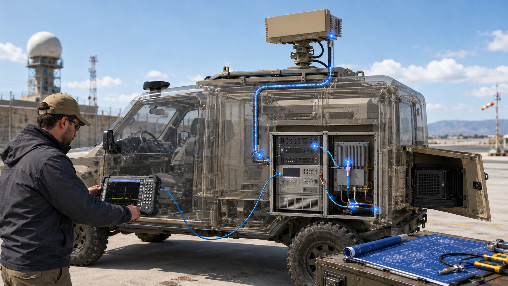 Vehicle-mounted C-UAS system showing RF cabinet, PA module, feeder cable route, roof antenna, and multiple RF power measurement points.