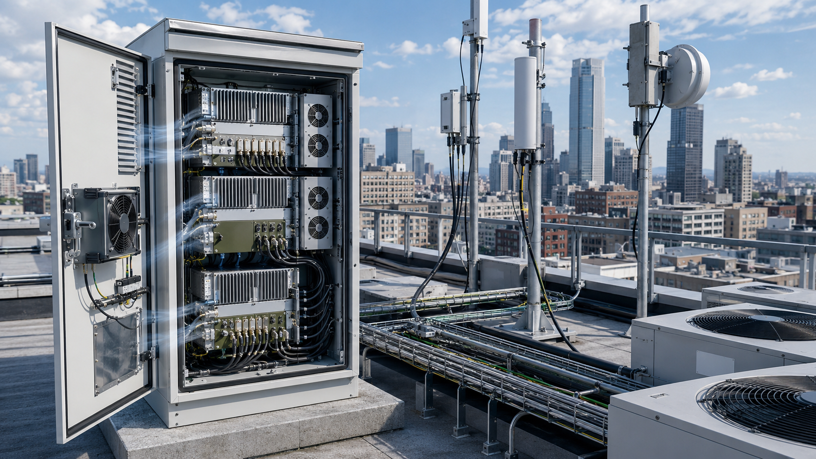 Rooftop C-UAS cabinet with RF PA modules, antennas, airflow path, and cooling layout for RF PA efficiency and cabinet size planning