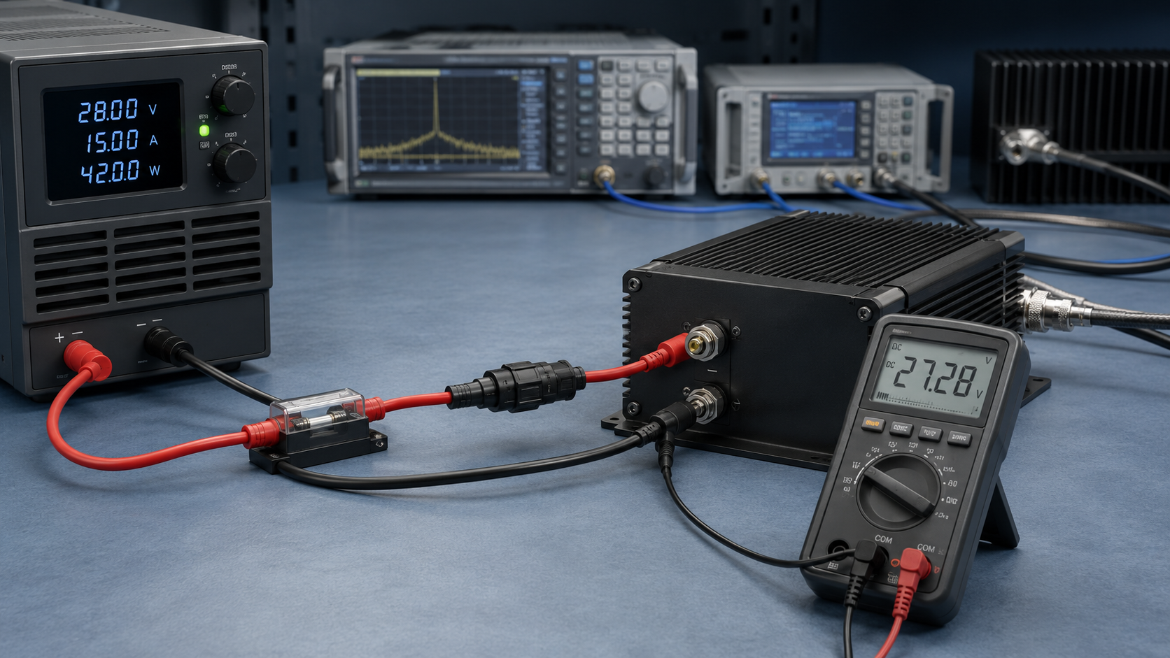 RF power amplifier connected to a 28 V power supply with voltage measured directly at the PA input