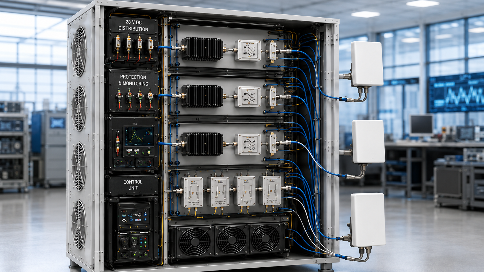 Integrated C-UAS RF power system combining wideband and narrowband RF PA paths with control, cooling, protection, and antenna systems