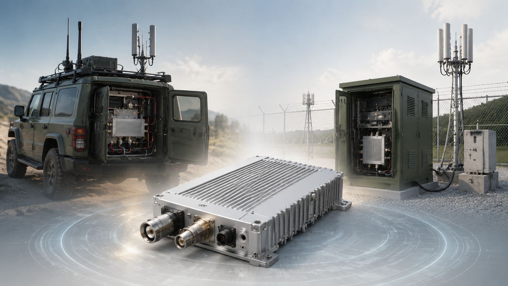 Vehicle-mounted and fixed-site C-UAS systems showing different 100W RF Power Amplifier selection conditions