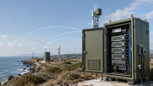 RF PA Gain Feedback shown through a remote coastal C-UAS cabinet with antenna tower and control status monitoring