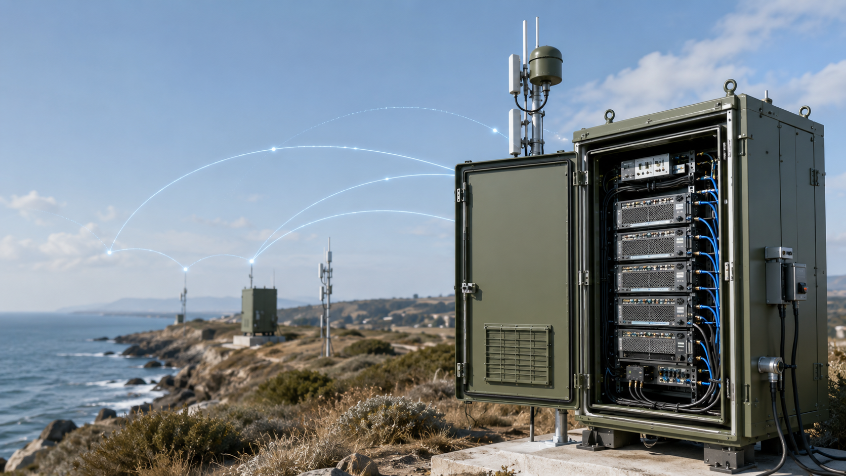 RF PA Gain Feedback shown through a remote coastal C-UAS cabinet with antenna tower and control status monitoring