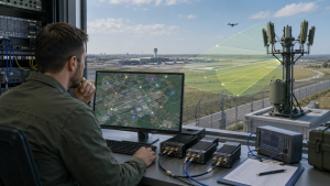 Integrated airport C-UAS RF system showing engineering workstation antenna tower coverage and frequency mapping connected into a unified RF power amplifier network planning scenario