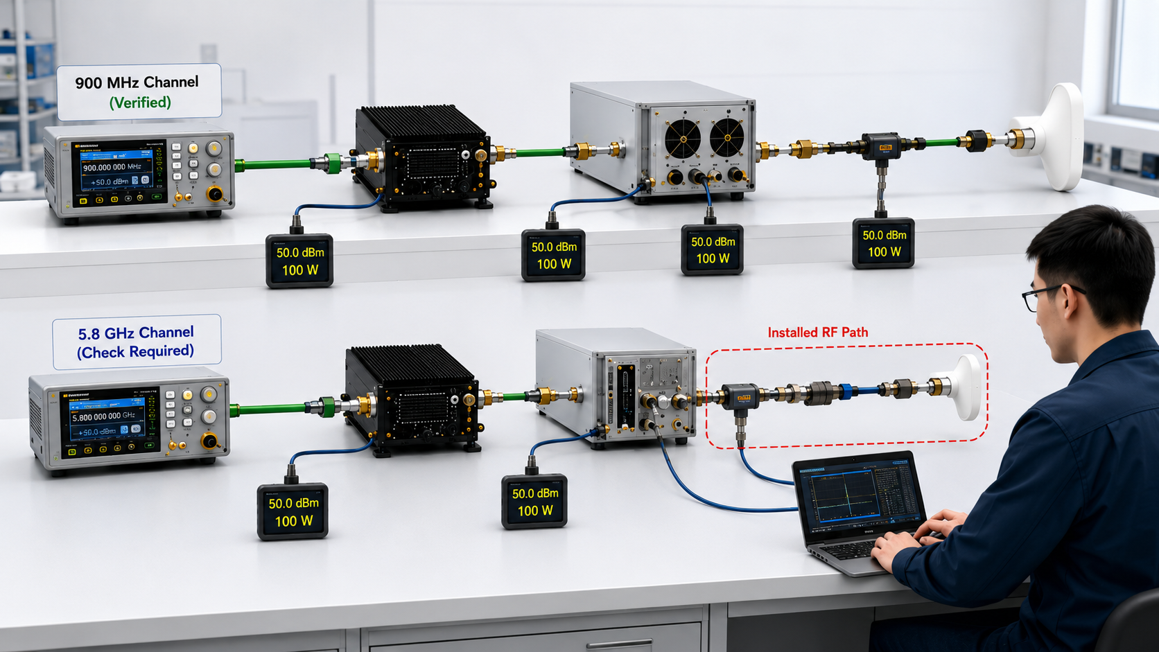 Independent verification of 900 MHz and 5.8 GHz RF output across the installed RF path