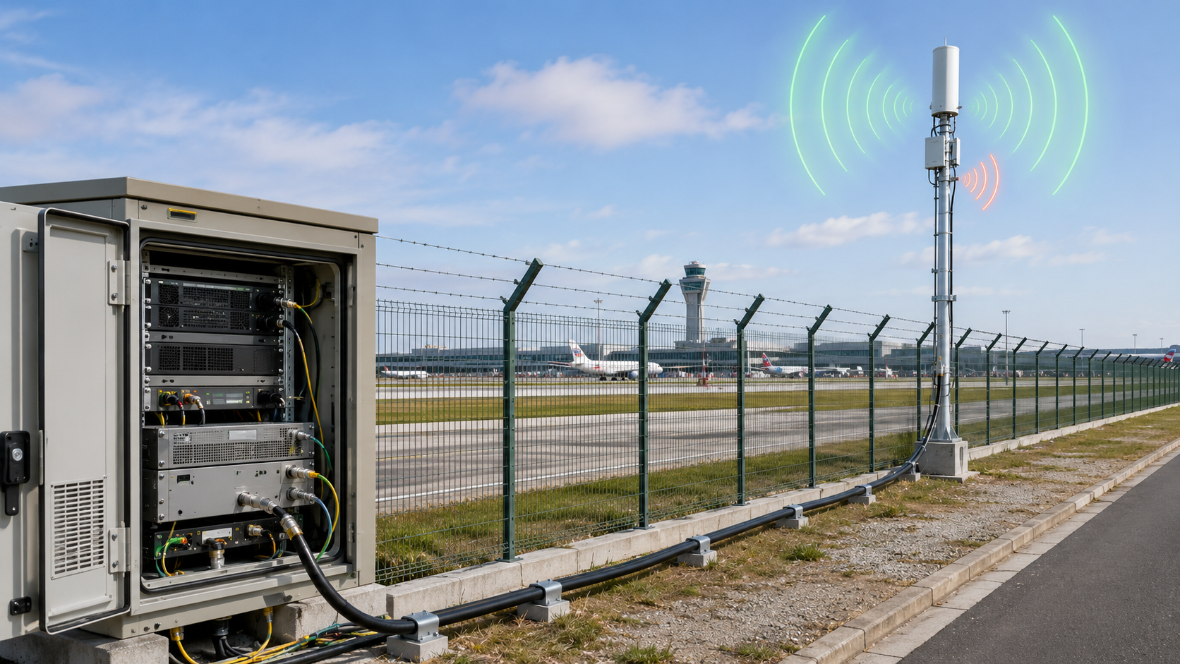 Airport perimeter C-UAS antenna path showing how antenna mismatch affects Usable RF Output Power.