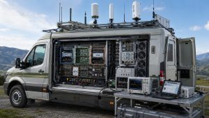 Vehicle-mounted C-UAS cabinet with multi-band RF PA frequency blocks, DC power, cooling, and rooftop antenna paths.
