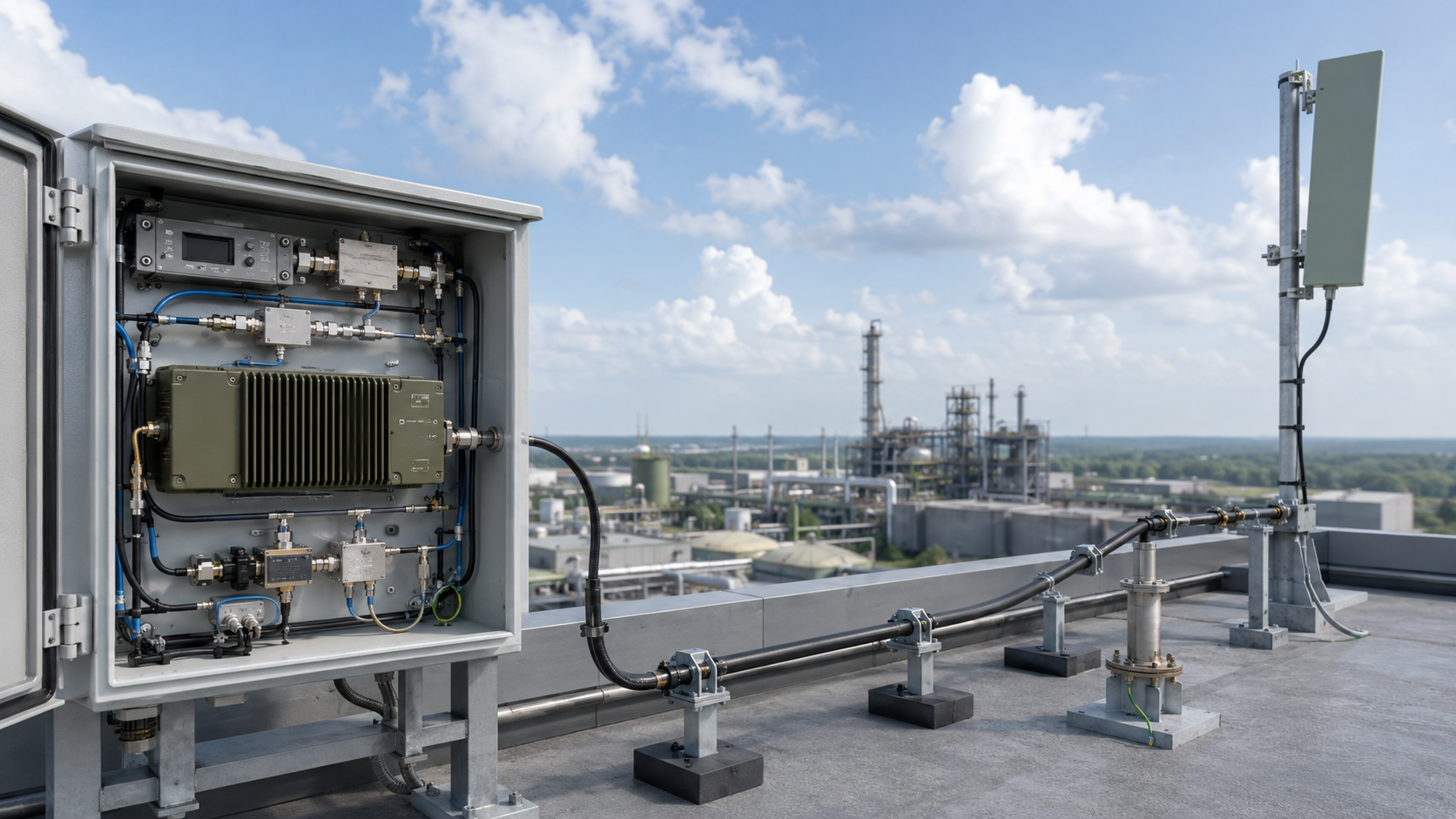 Remote antenna RF PA output sizing chain from the RF excitation source through the cabinet and installed feeder path to the antenna input