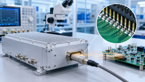 RF power amplifier interface soldering and control signal reliability shown through connector paths, solder joints, and factory testing.