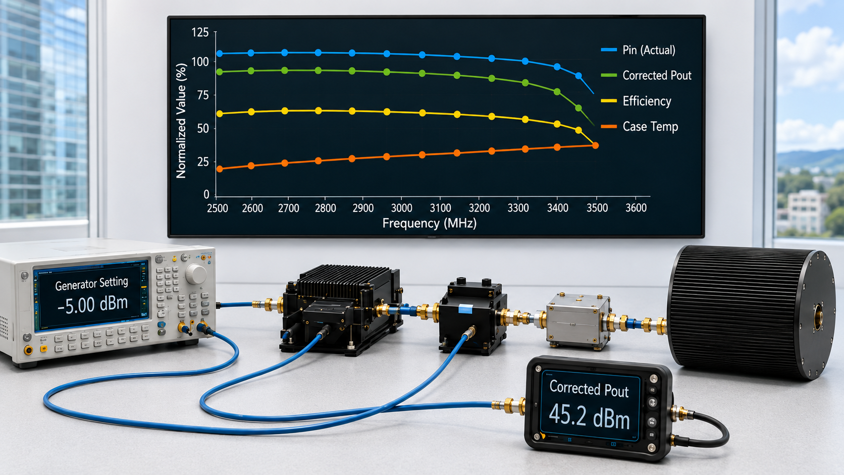 RF PA laboratory test setup used to diagnose corrected output power reduction near the operating band edge