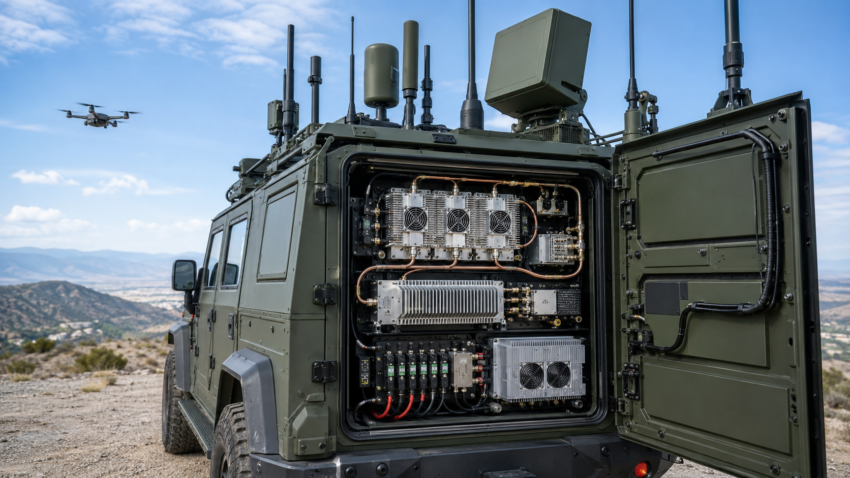 Vehicle-mounted C-UAS platform with RF PA cabinet, roof antennas, power system, and cooling path for efficiency review
