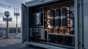 Fixed-site C-UAS cabinet with RF power amplifier modules, 28V power supply, cooling path, and antenna feed for PAE in RF Power Amplifier selection.