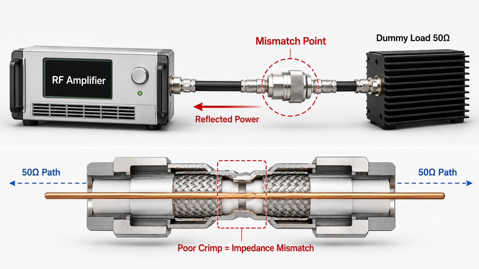 RF power amplifier connector crimping causing impedance discontinuity and reflected power alarm.