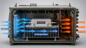 RF Power Amplifier cabinet airflow diagram showing cold intake, heatsink path, hot exhaust, and thermal testing for full-load performance stability.