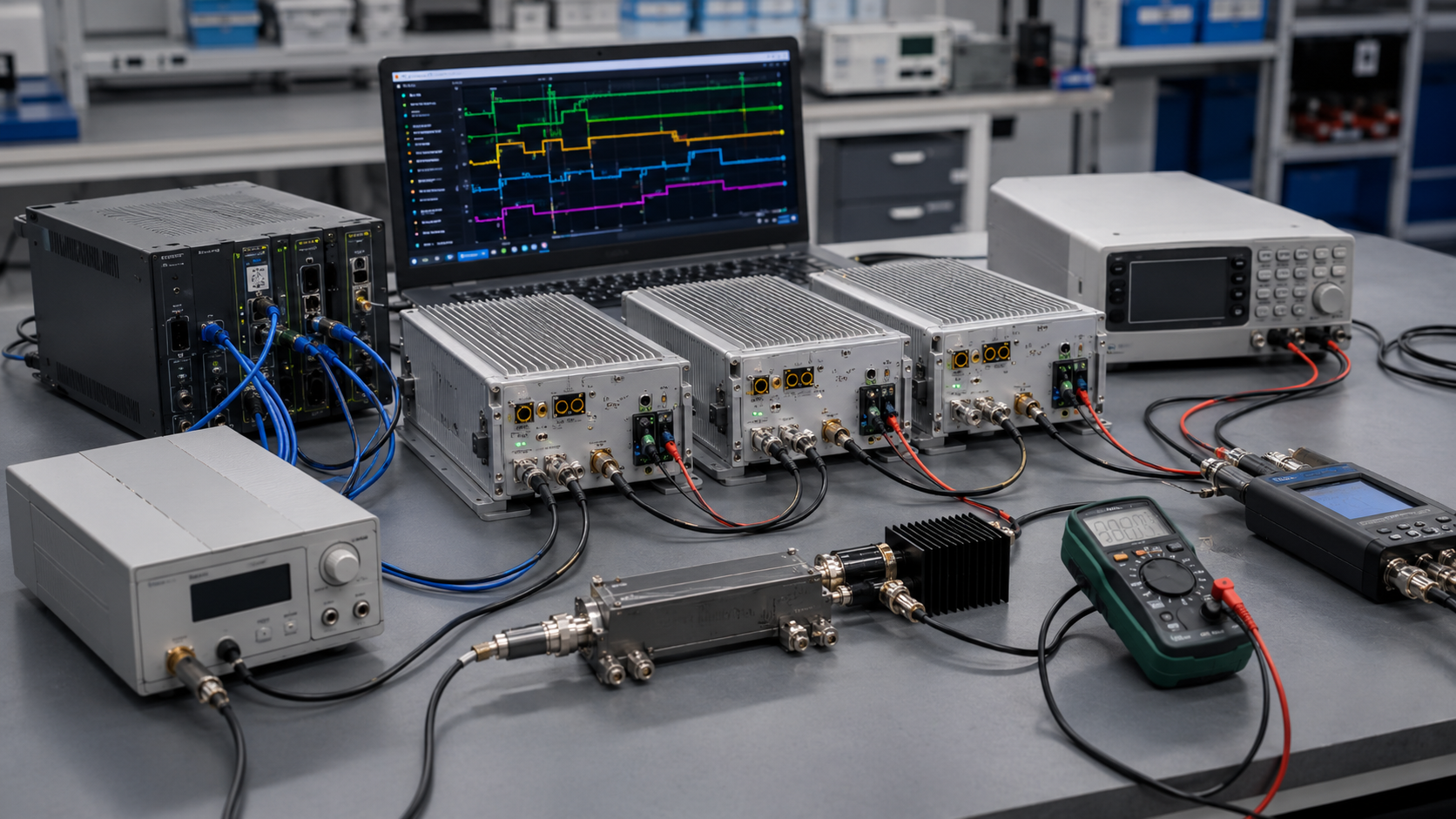 Engineer troubleshooting RF PA control interface faults using command timing, DC voltage, and RF output measurements
