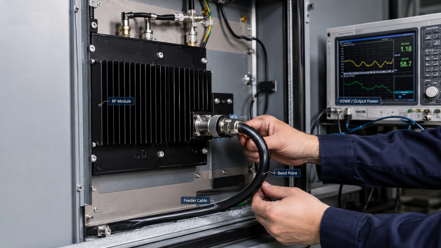 RF Power Amplifier module mounted on a heatsink or cabinet plate, highlighting four reliability dimensions: Thermal Contact, Grounding, Vibration, Corrosion, visually showing how small screws and proper cable routing hold the RF chain reliability together.