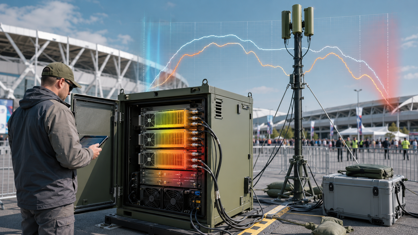 RF engineer reviewing RF Power Amplifier Frequency Range behavior under hot temporary C-UAS deployment conditions.