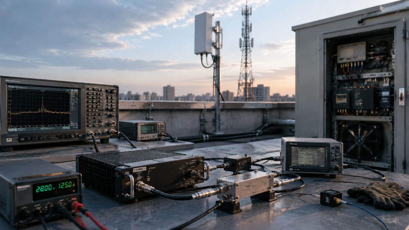 RF Power Amplifier Gain full-power verification setup on a fixed-site rooftop with PA module, test equipment, DC supply, feeder path, and antenna mast