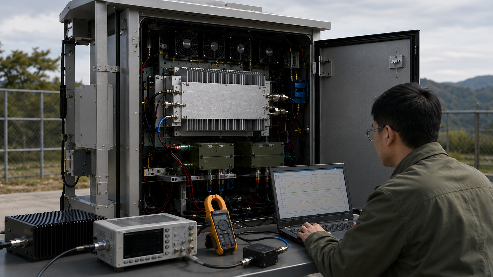 Hot cabinet RF power derating validation showing RF PA output verification under thermal conditions