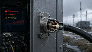 Outdoor RF power amplifier system showing waterproof connector sealing, feeder routing, and reflected power alarm prevention in field deployment.
