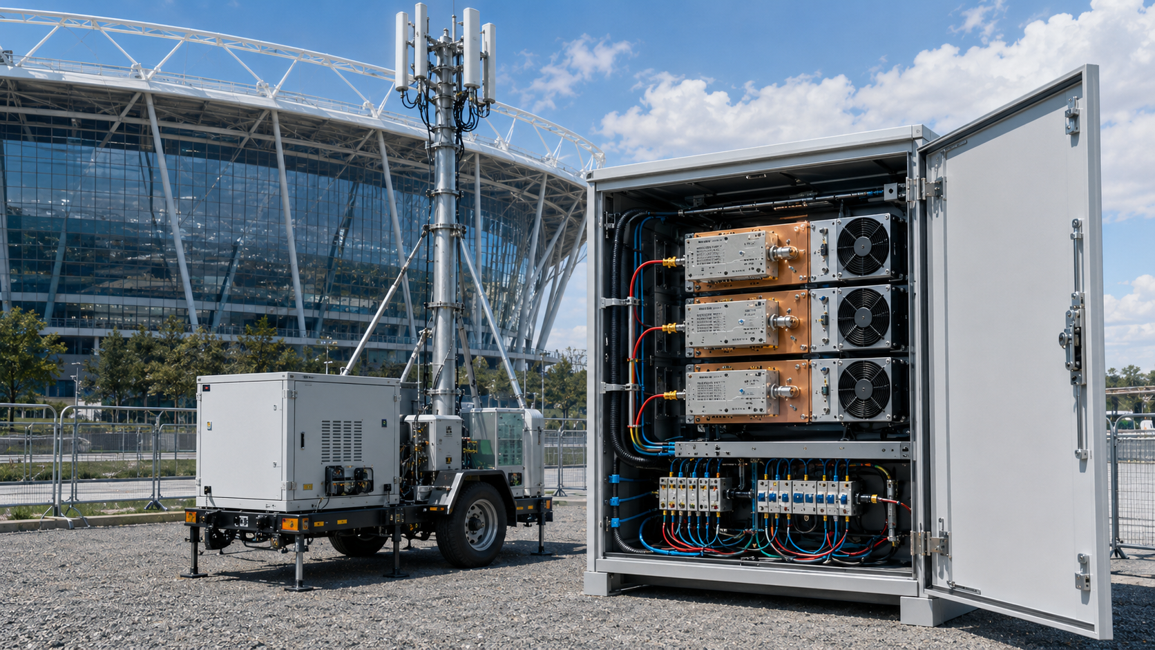 RF PA efficiency under CW operation in a large venue cabinet with antennas, cooling, and continuous load conditions.