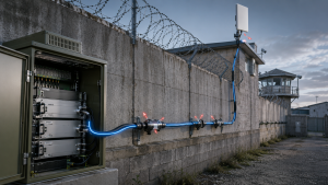 RF Power Amplifier output drop at 5.8GHz in a prison C-UAS system with antenna, feeder cable, and cabinet path.