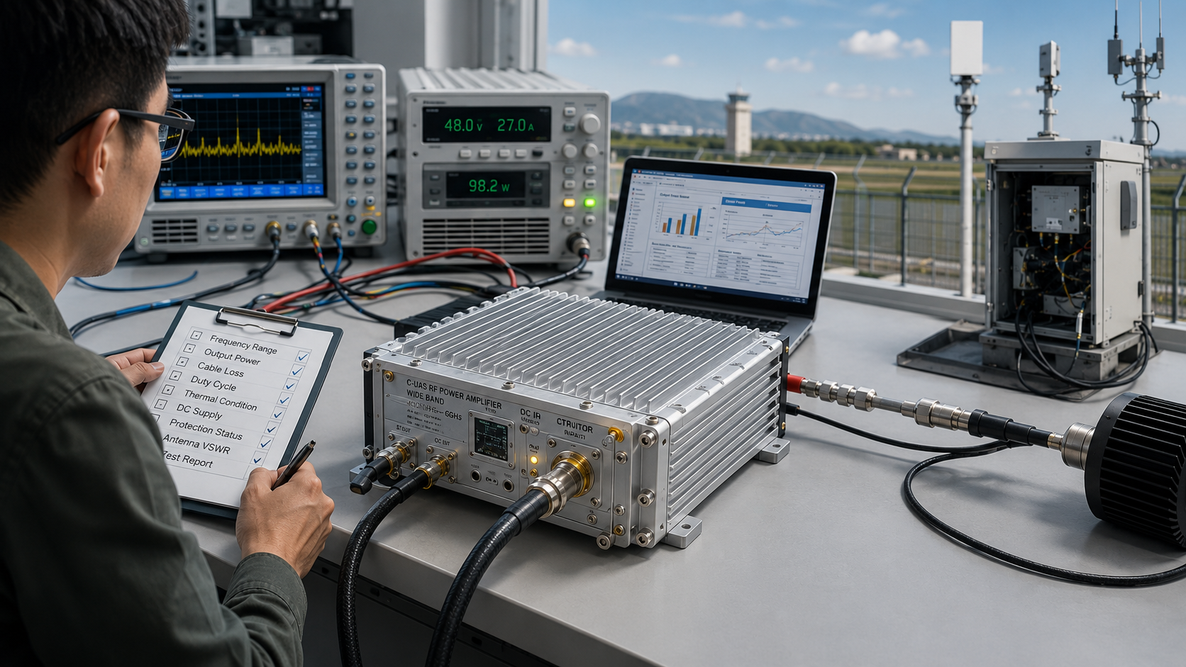 RF Power Amplifier power margin concept showing usable output affected by cable loss, thermal derating, duty cycle, DC supply, and antenna load in a C-UAS RF chain.