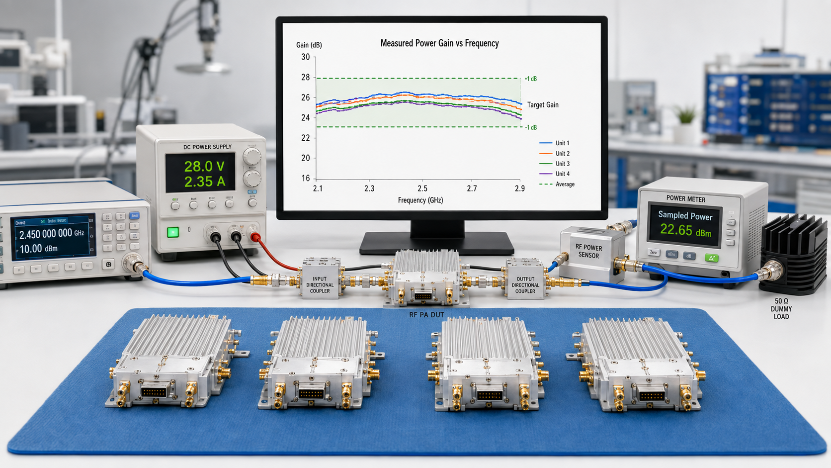 Batch RF PA gain measurement setup with multiple amplifier units and measured gain curves across frequency