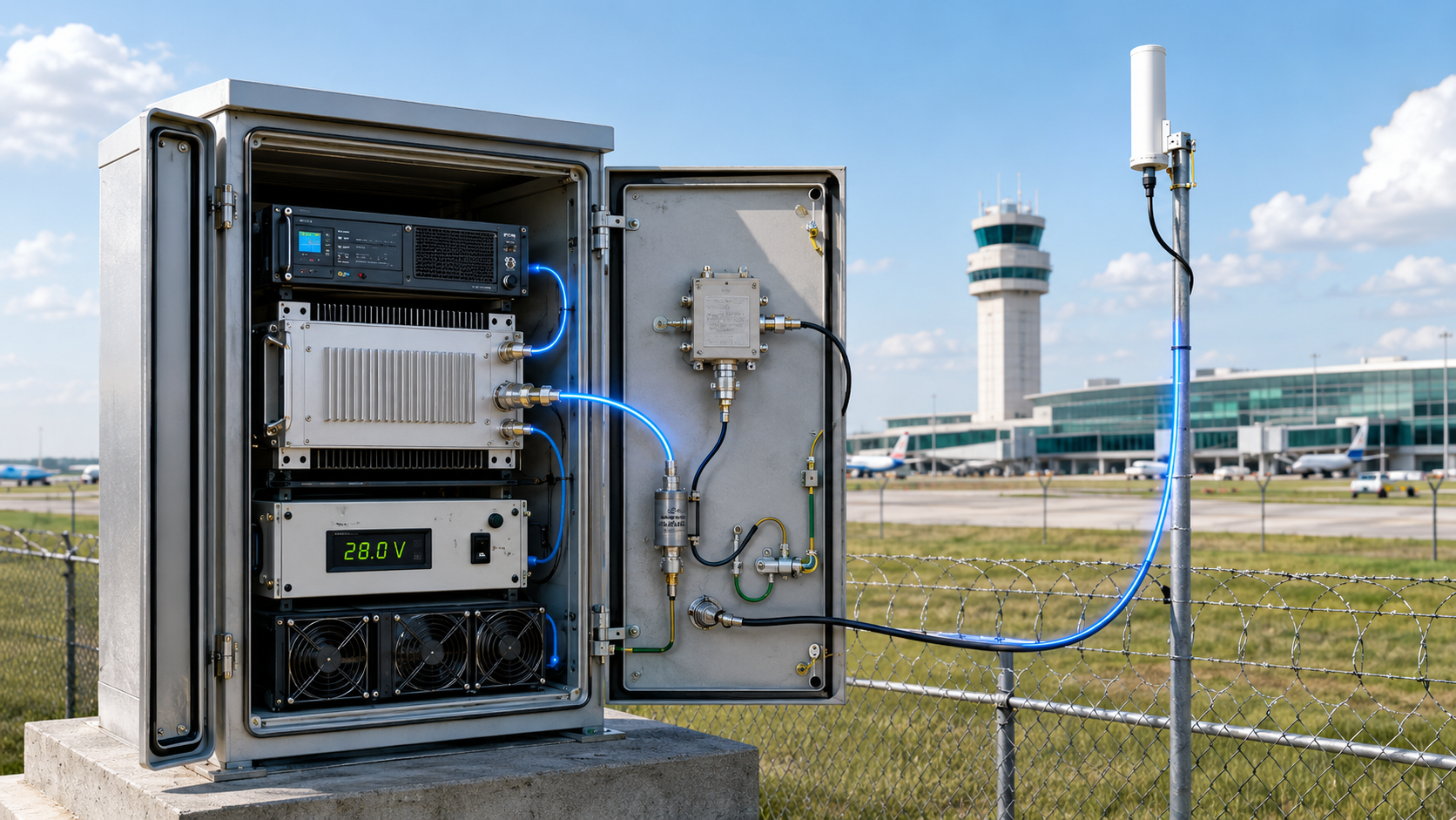 Airport C-UAS RF cabinet showing an RF power amplifier, filter, lightning protector, feeder cable, and rooftop antenna path