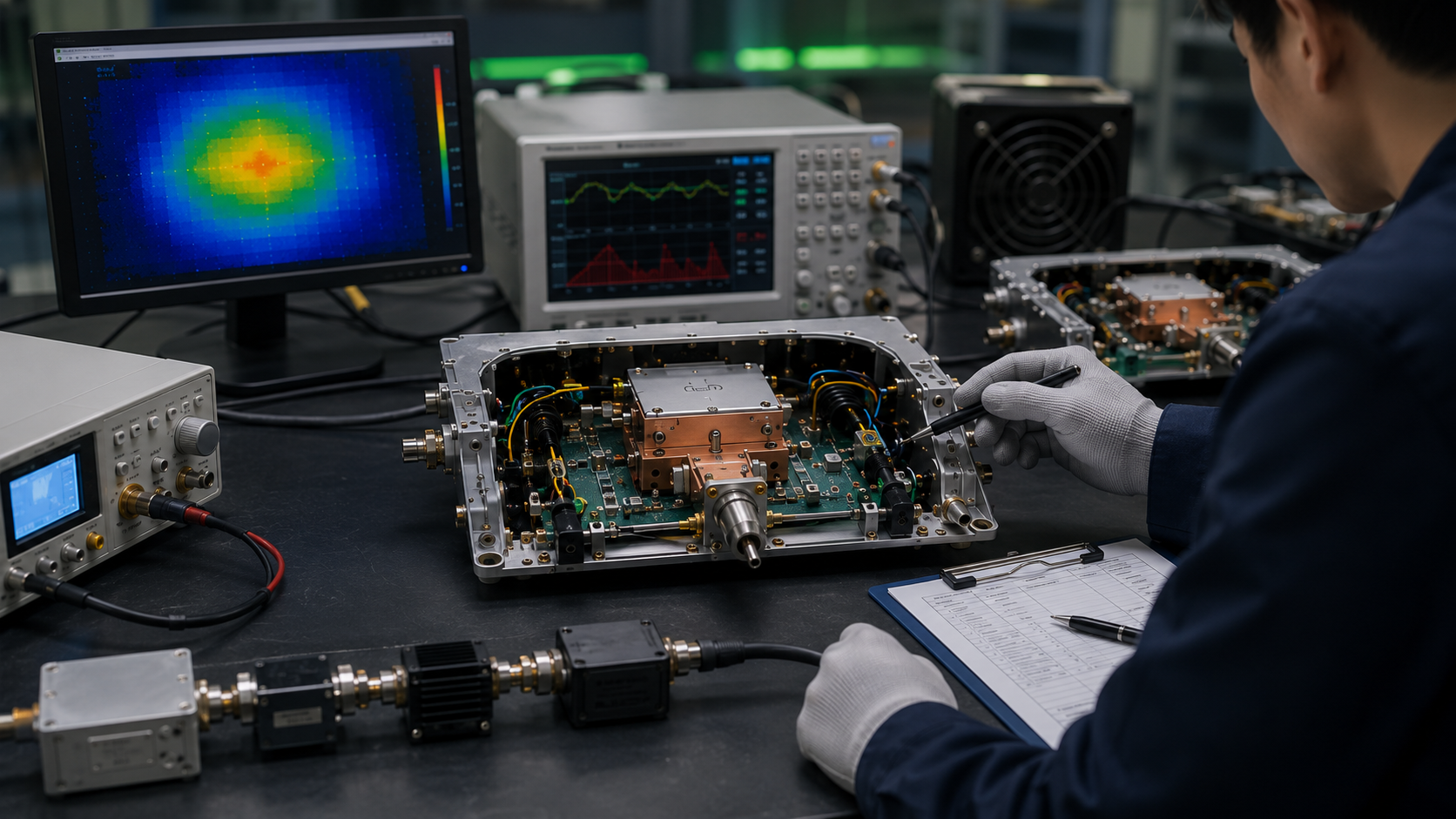 Engineers reviewing an open RF power amplifier module, assembly records, and test equipment during process-change validation.