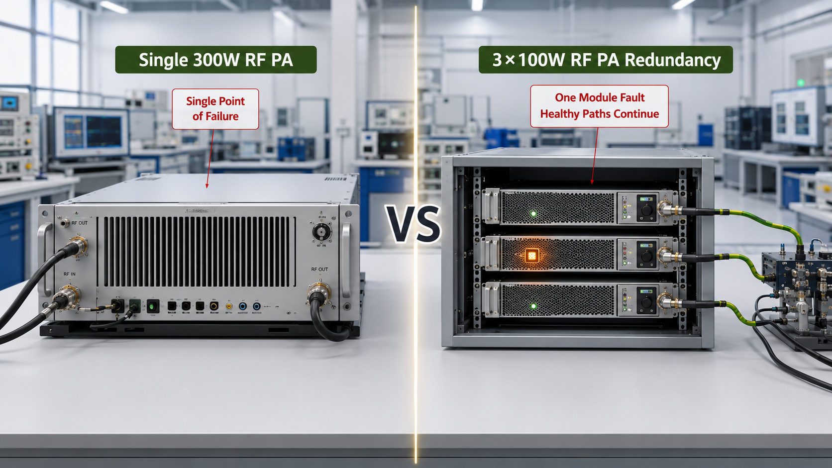 RF PA redundancy comparison between one 300W RF power amplifier and a 3×100W multi-module architecture, including fault response, standby, N+1, shared failure points, and failover testing.