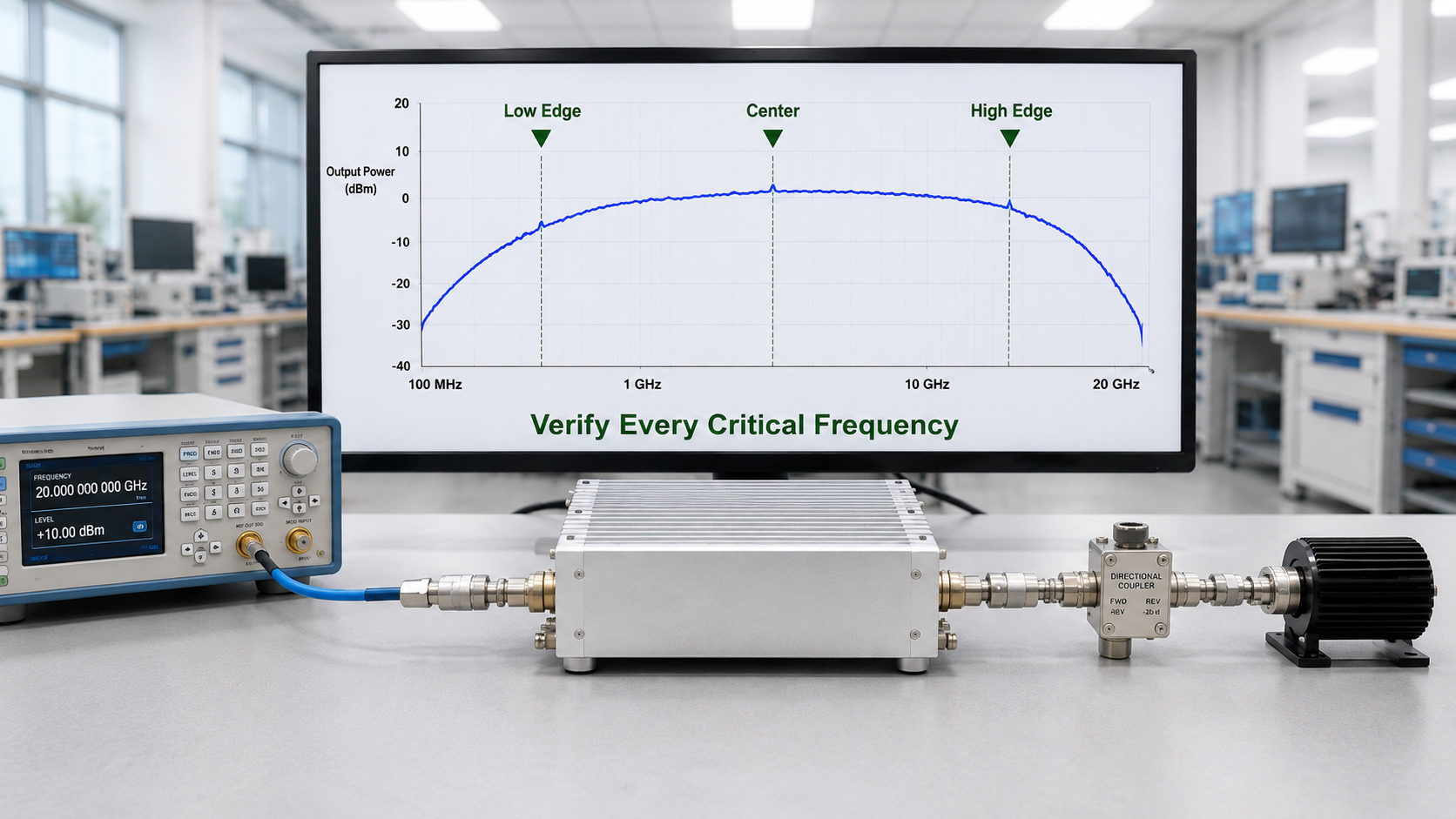 Broadband RF power amplifier test setup verifying output performance at low-edge, center, and high-edge frequencies