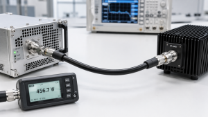 RF power amplifier module connected to a dummy load through a dummy load cable with a power meter showing output, illustrating the verification chain from module to load