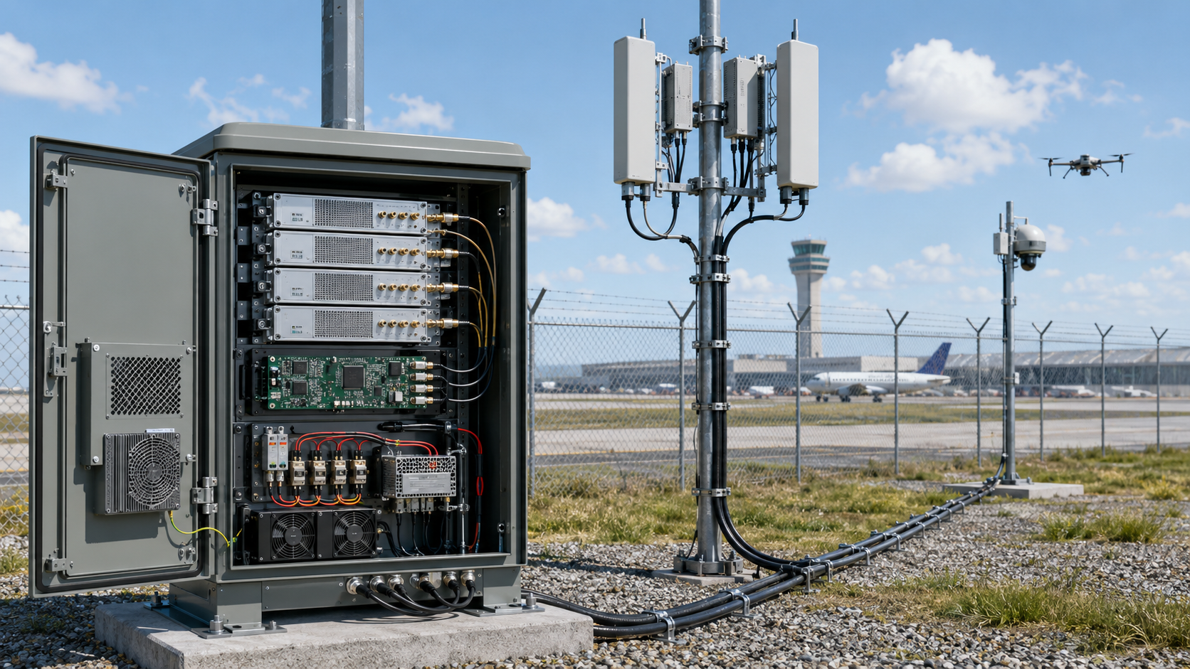 Broadband RF power amplifier modules integrated inside an outdoor C-UAS cabinet with feeder cables, multi-band antennas, airport perimeter, and control tower.