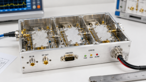 RF Power Amplifier module mounted in a C-UAS cabinet, showing CNC housing, shield cover, conductive gaskets, grounding points, control and RF wiring, illustrating overall EMI boundary and system integration.