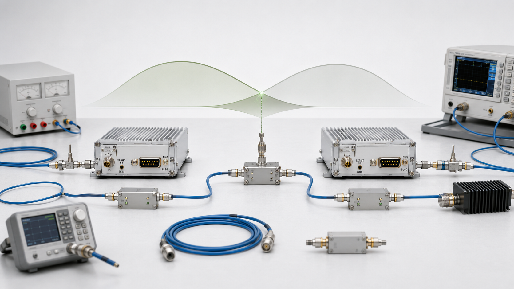 Two RF PA modules with controlled RF paths illustrating overlap verification, frequency handoff, and transition-risk review.