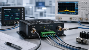 RF Power Amplifier control interface with status feedback, RF output cable, control I/O connector, and lab test equipment.