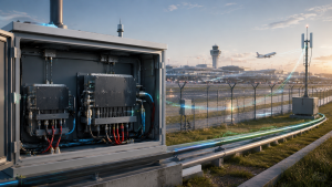 Airport C-UAS perimeter cabinet with RF PA modules, feeder cable, antenna path, and runway background for 100W vs 200W power selection.