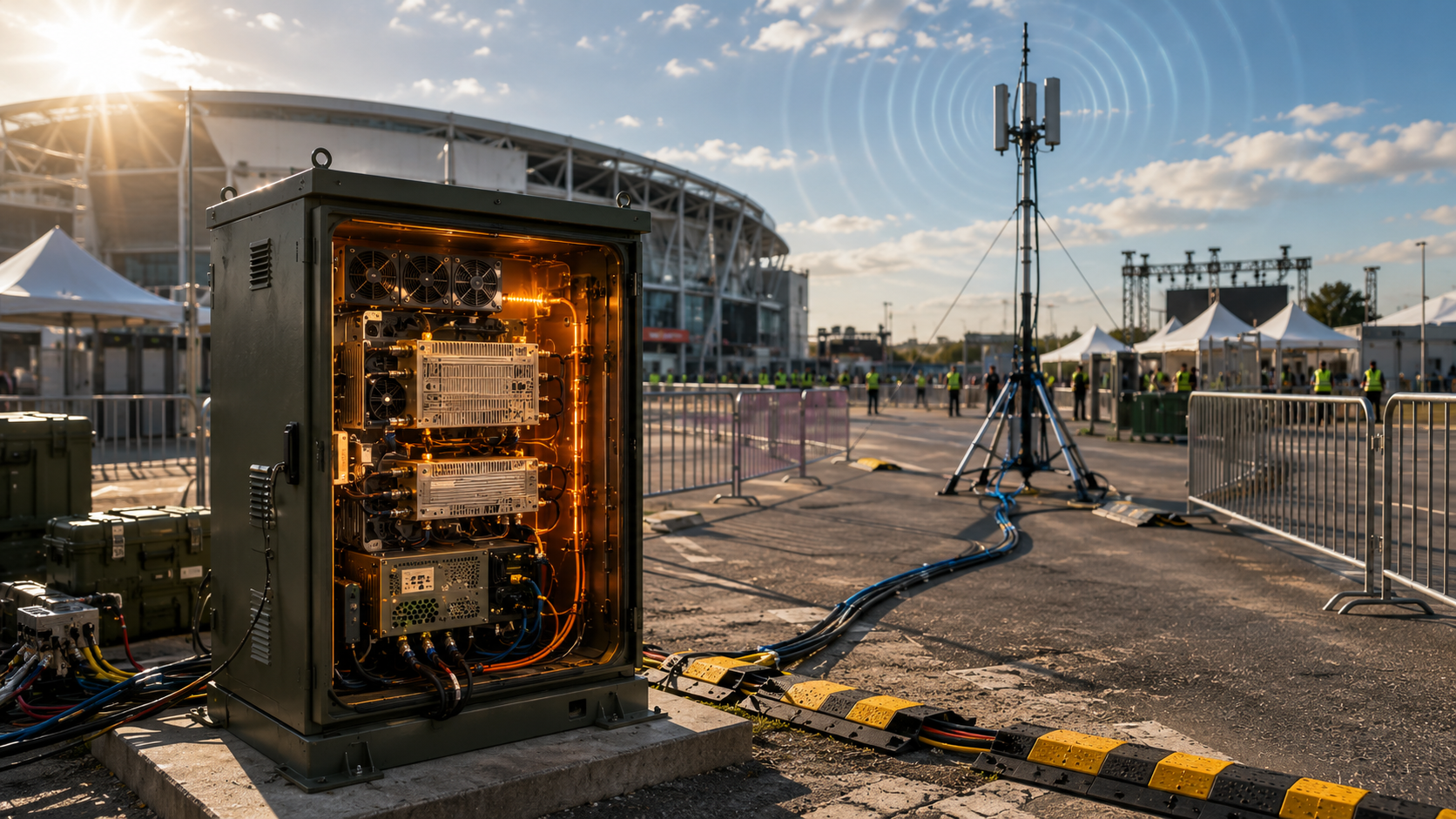 Outdoor C-UAS cabinet under sun exposure showing RF power amplifier derating risk during temporary event security deployment