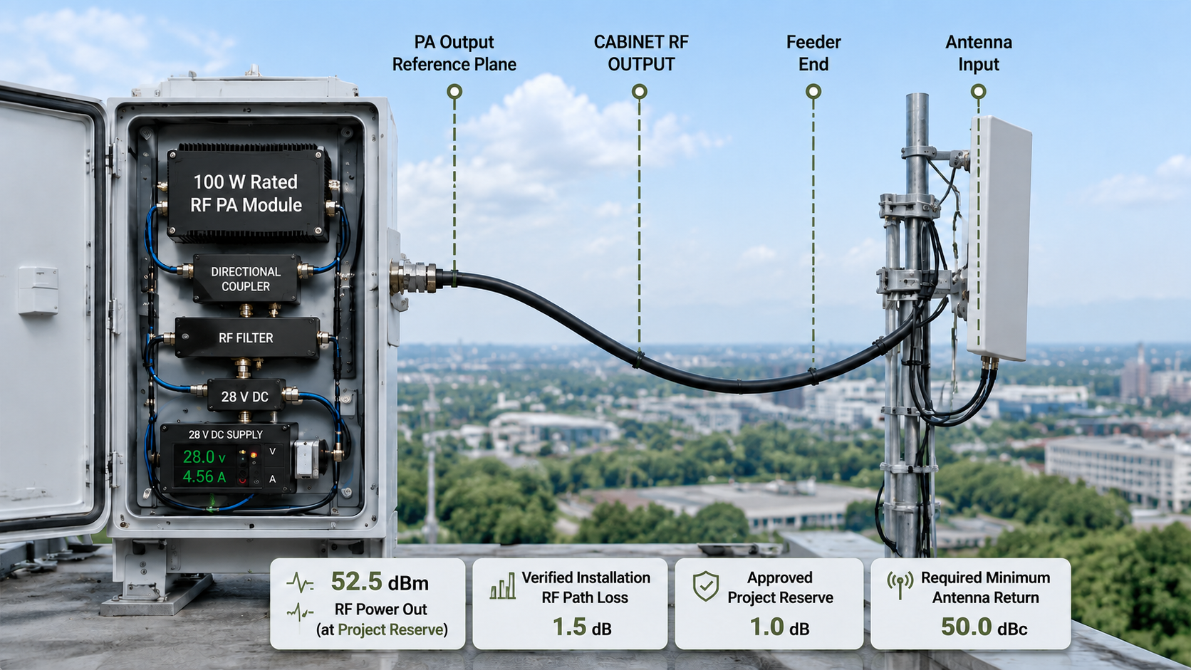 Usable RF output power calculation from the PA output reference plane through installed RF-path loss and project reserve to the antenna input.