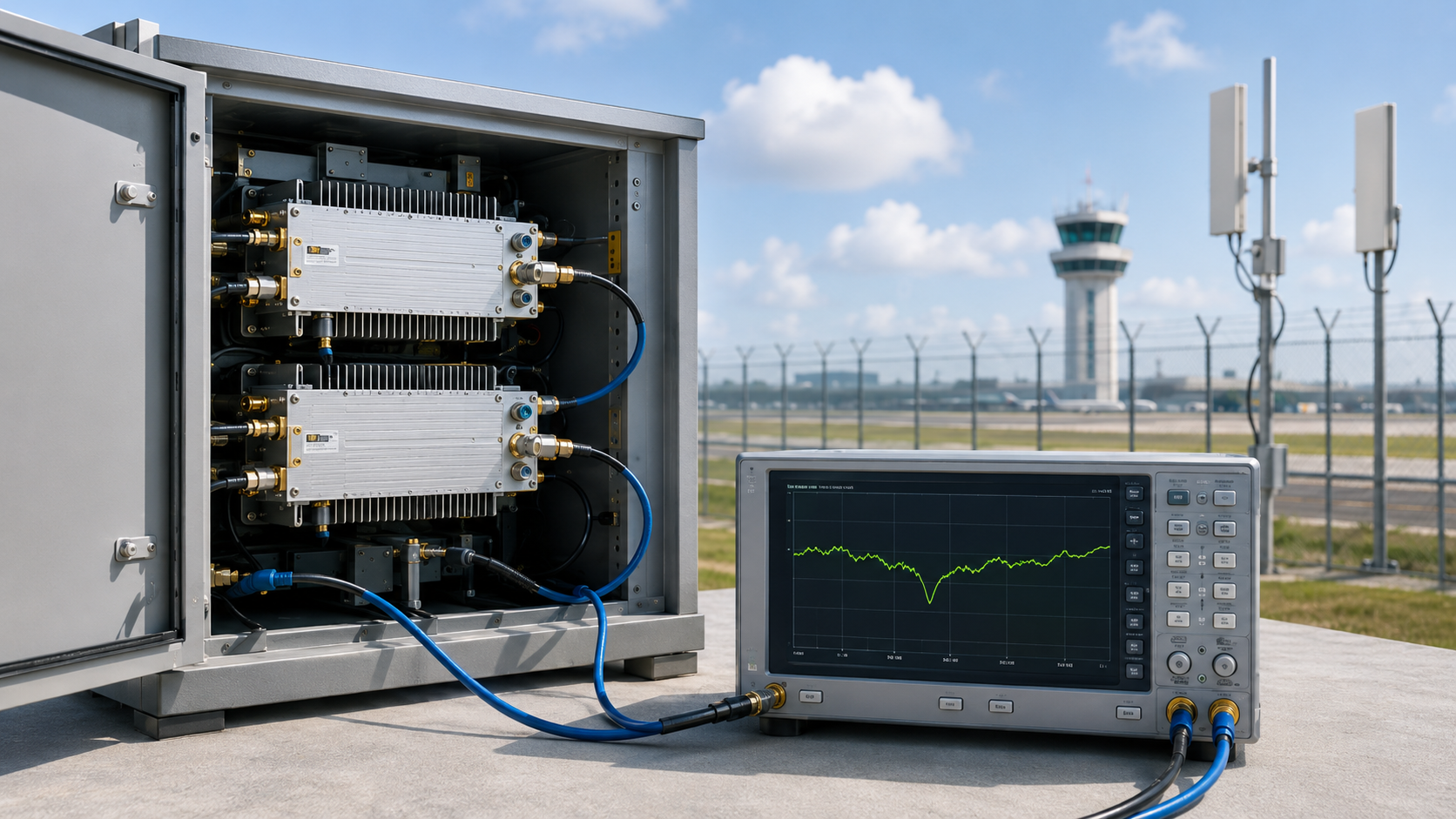 RF Power Amplifier Gain Flatness review showing gain ripple weak points in an airport perimeter C-UAS RF PA cabinet