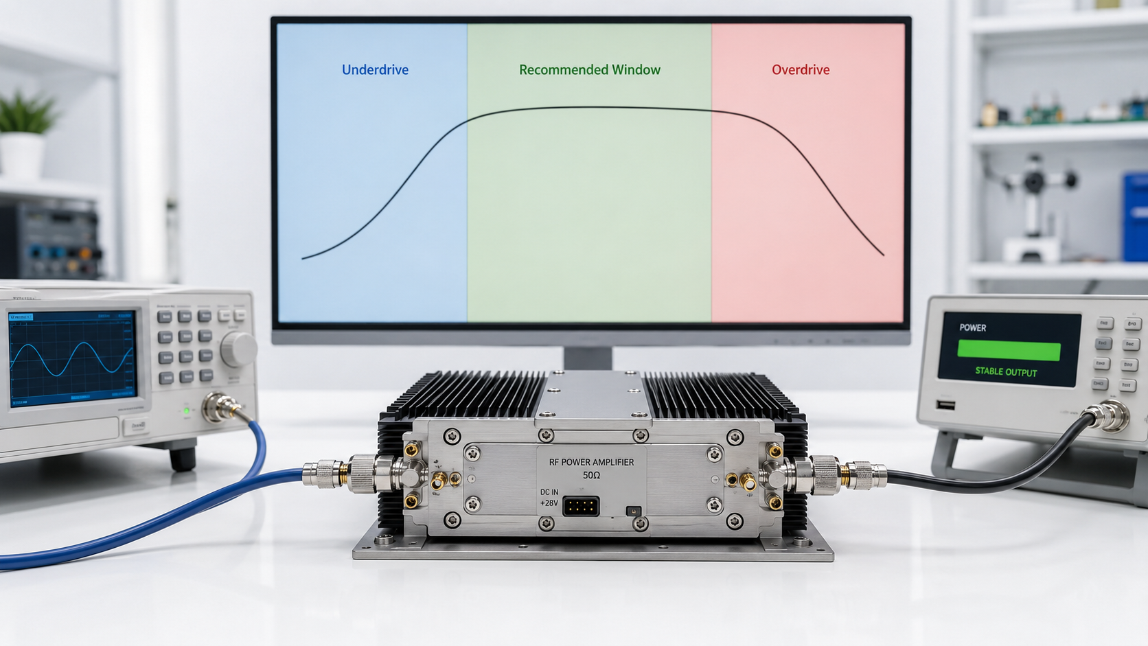 PA module illustrating underdrive, recommended input window, and overdrive regions with Pout curve and input source.